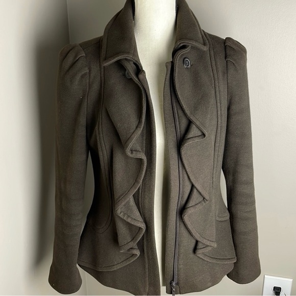 INC | Brown Cotton Ruffle Front Full Zip Up Blazer Jacket Size Medium - Picture 7 of 14